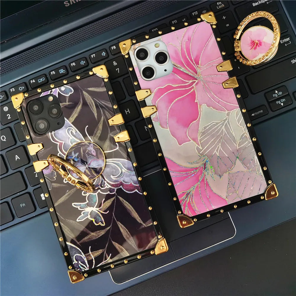 Luxury Glitter Square Butterfly Flower Phone Case for Samsung Galaxy S22 Series