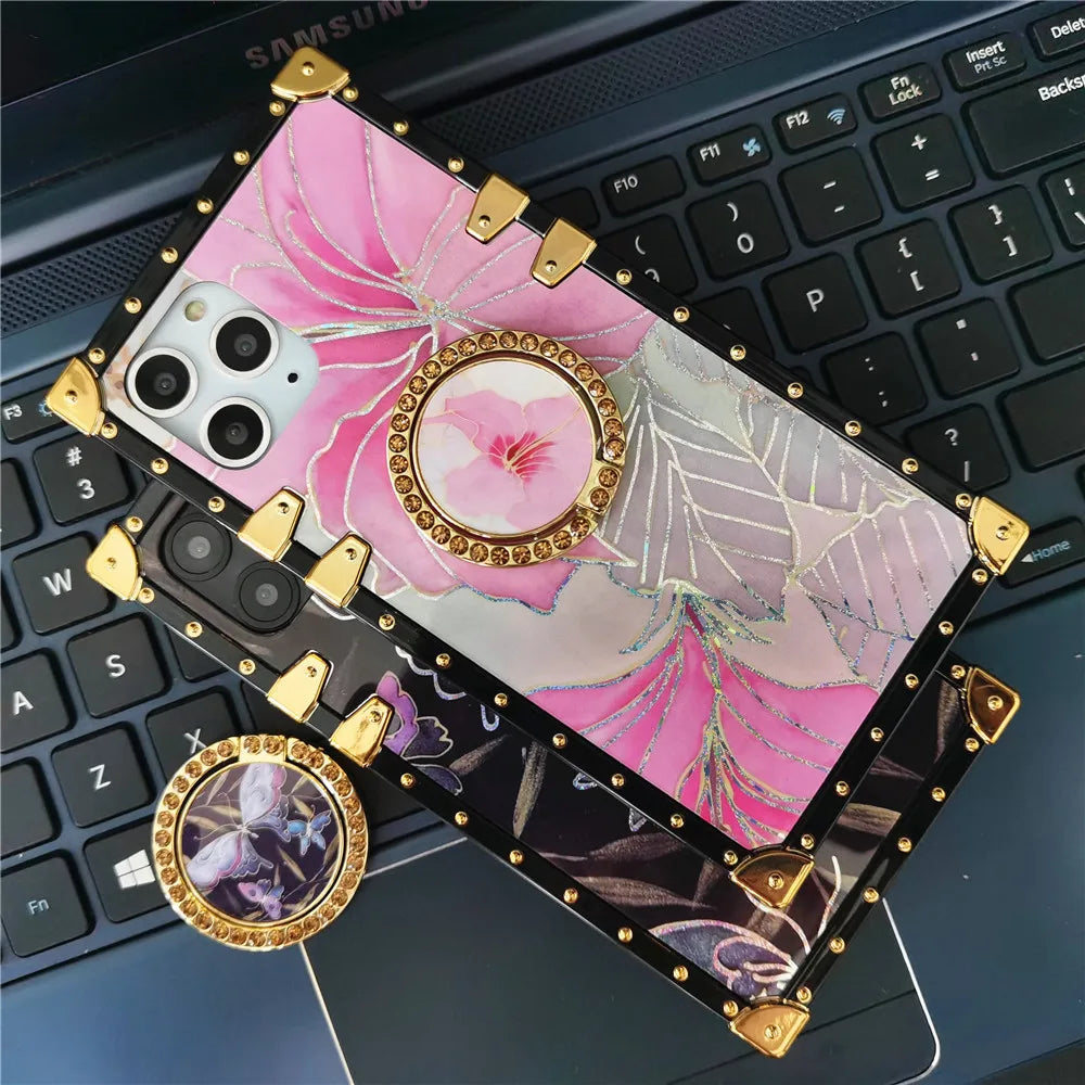 Luxury Glitter Square Butterfly Flower Phone Case for Samsung Galaxy S23 Series