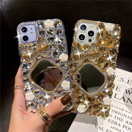 Bling Diamond Chain Bow Mirror Strap Phone Case For iPhone 14 Series