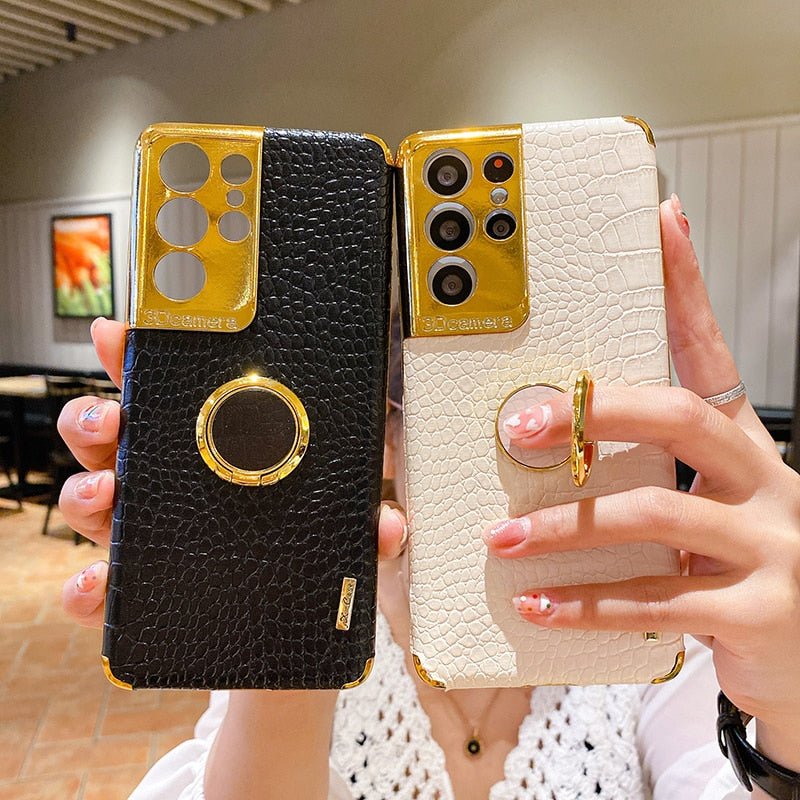 Luxury Leather Magnetic Ring Holder Phone Case For Samsung Galaxy S23 Series