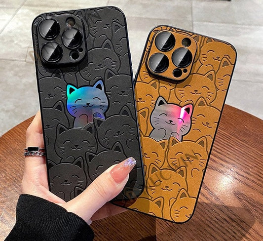 Leather Laser Cute Cat and Bear Phone Case For iPhone 14 Series