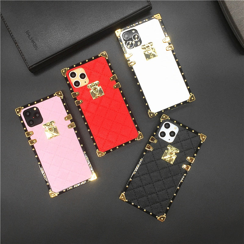 For iPhone 13 Pro Max 12 11 XS XR 6 7 8 Luxury Vintage Square Leather Phone  Case