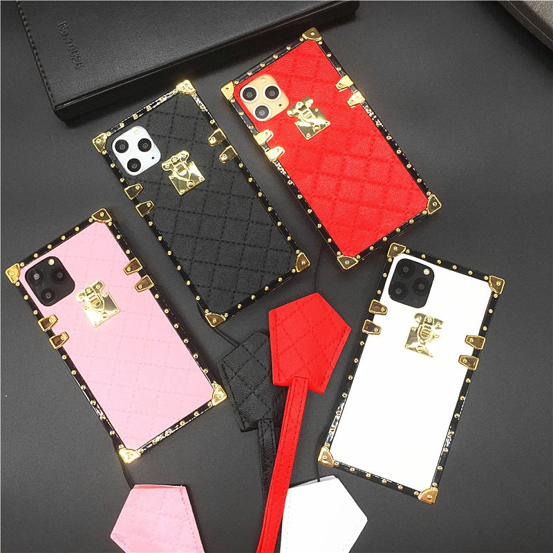 Lux Square Iphone Case, Lambskin Phone Case, Plaid Leather Case