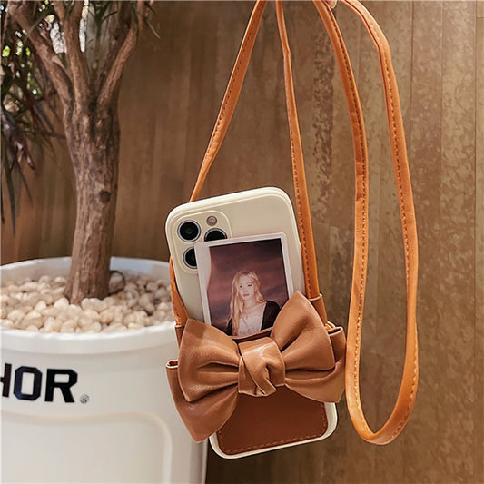 3D Cute Bow PU Leather Card Bag Lanyard Phone Case For iPhone 13