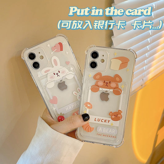 Cute Bear Bunny Soft TPU Card Slot Pocket Phone Case For iPhone 12 Series