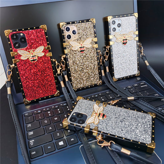 Luxury Glitter Bee Square Lanyard Strap Phone Case For Samsung Galaxy Note 20 Series