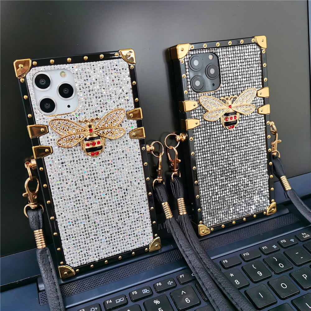 Luxury Glitter Bee Square Lanyard Strap Phone Case For Samsung Galaxy S20 Series