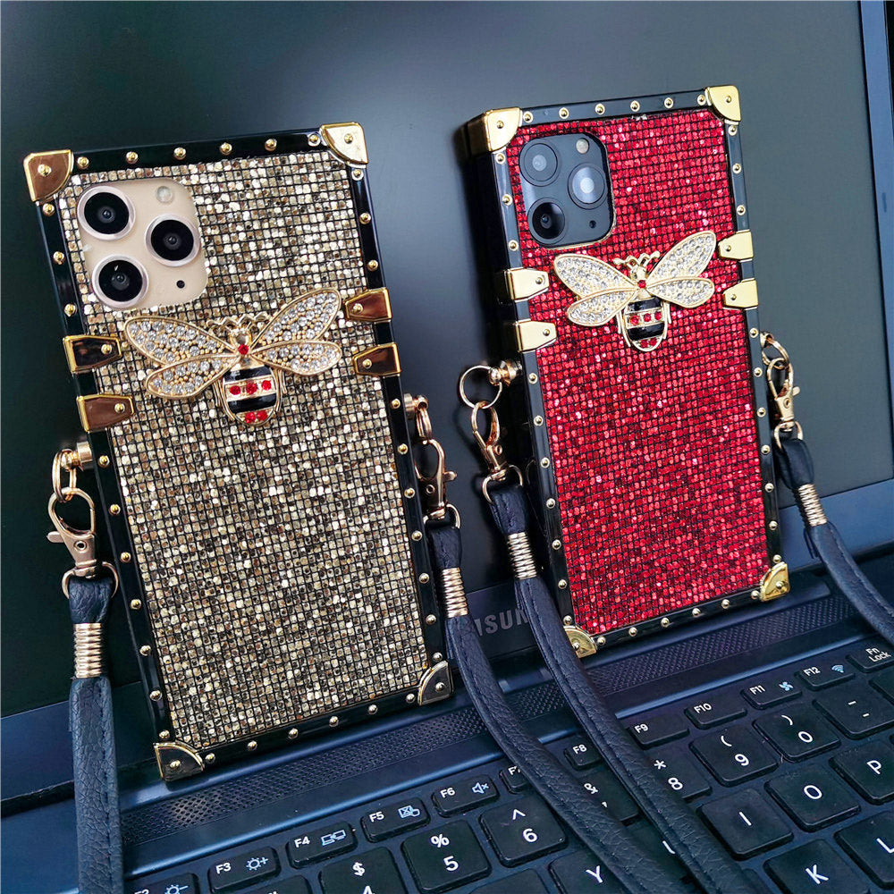 Luxury Glitter Bee Square Lanyard Strap Phone Case For Samsung Galaxy S20 Series