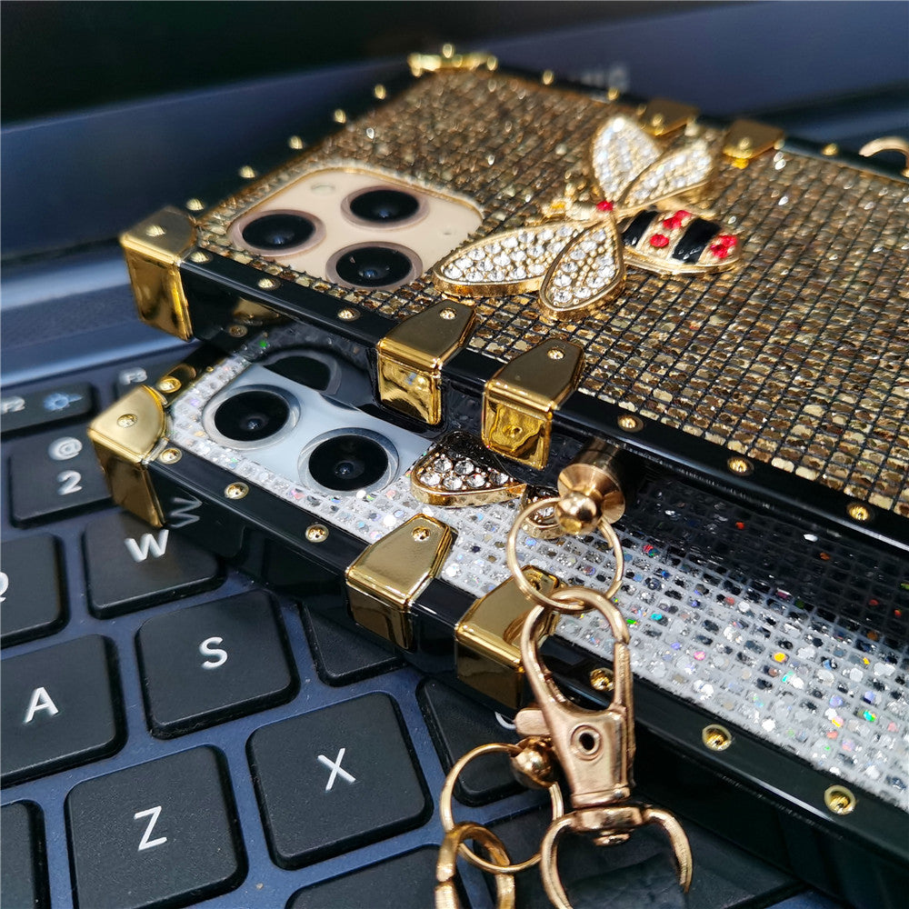 Luxury Glitter Bee Square Lanyard Strap Phone Case For Samsung Galaxy S22 Series