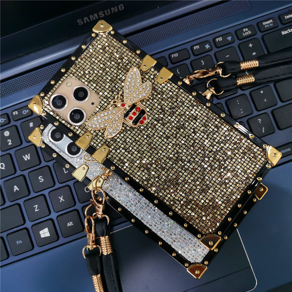 Luxury Glitter Bee Square Lanyard Strap Phone Case For Samsung Galaxy S22 Series