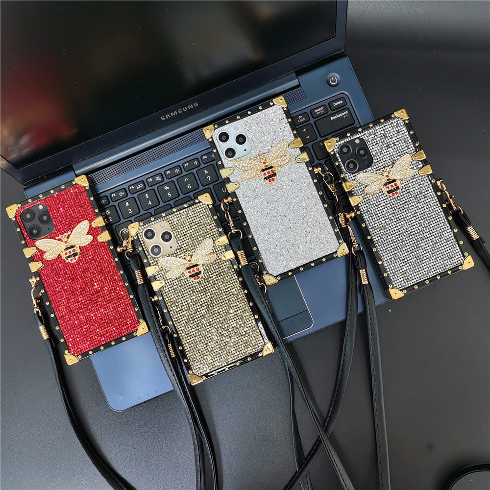 Luxury Glitter Bee Square Lanyard Strap Phone Case For Samsung Galaxy S20 Series