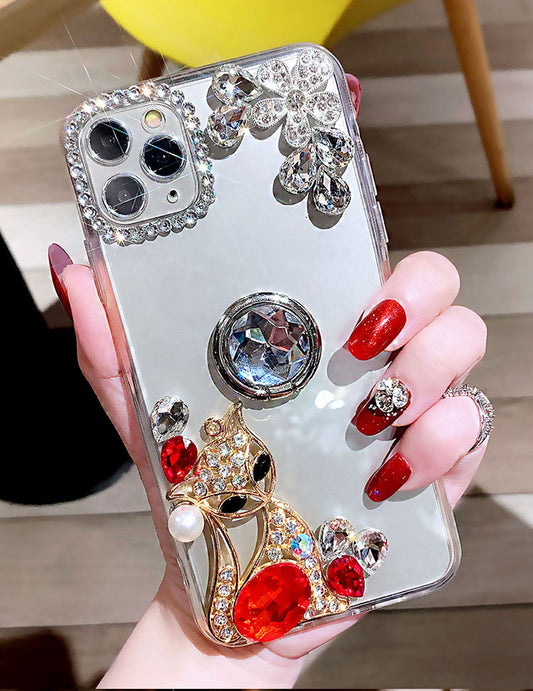 Bling Diamond 3D Fox Pearl Ring Holder Phone Case For iPhone 13 Seires