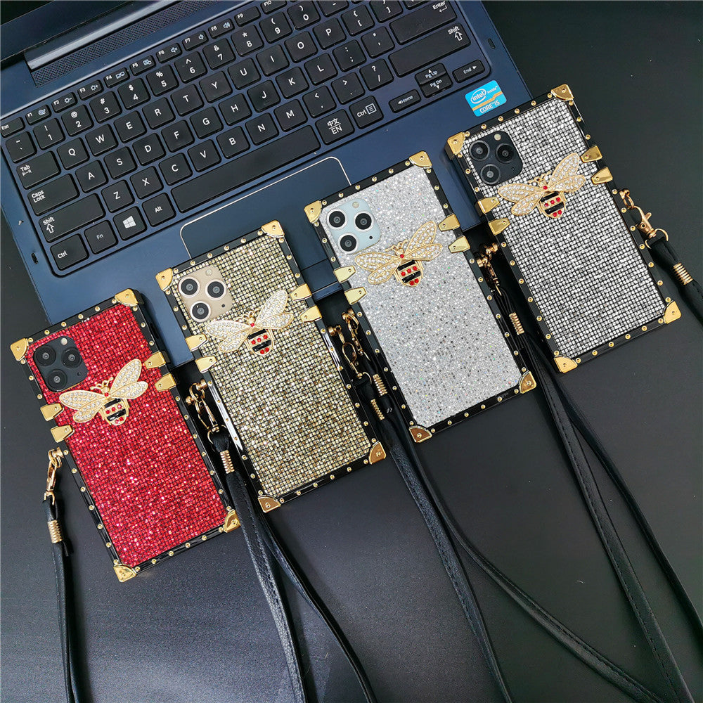 Luxury Glitter Bee Square Lanyard Strap Phone Case For Samsung Galaxy S22 Series