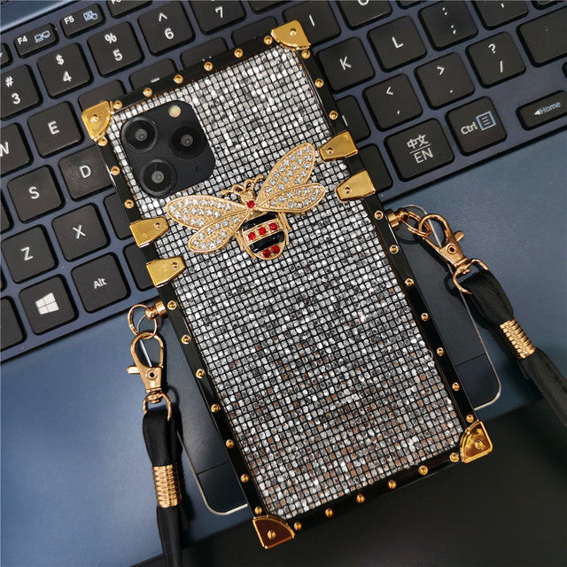 Luxury Glitter Bee Square Lanyard Strap Phone Case For Samsung Galaxy S22 Series