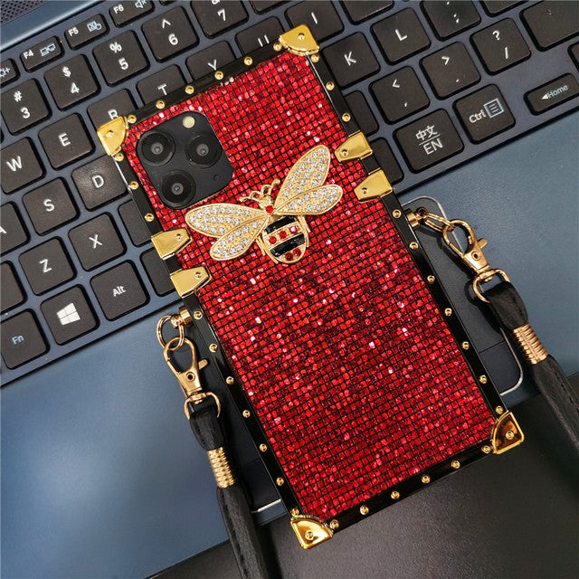 Luxury Glitter Bee Square Lanyard Strap Phone Case For Samsung Galaxy S22 Series