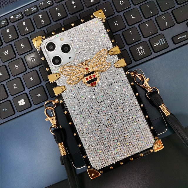 Luxury Glitter Bee Square Lanyard Strap Phone Case For Samsung Galaxy S22 Series